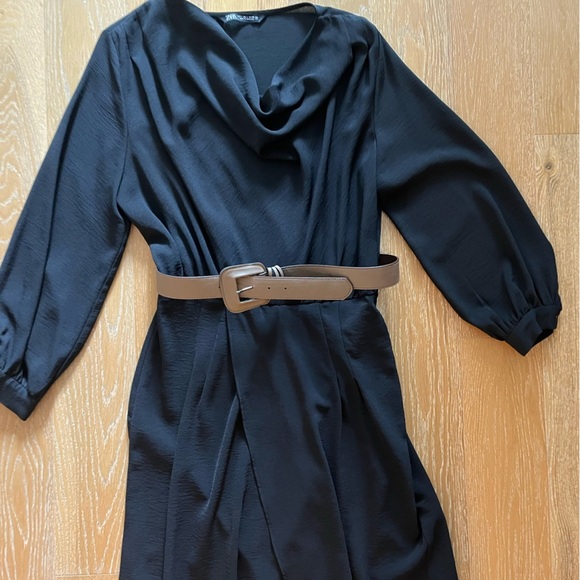 Zara Black Long Sleeve Women's Dress with brown belt - Picture 6 of 6